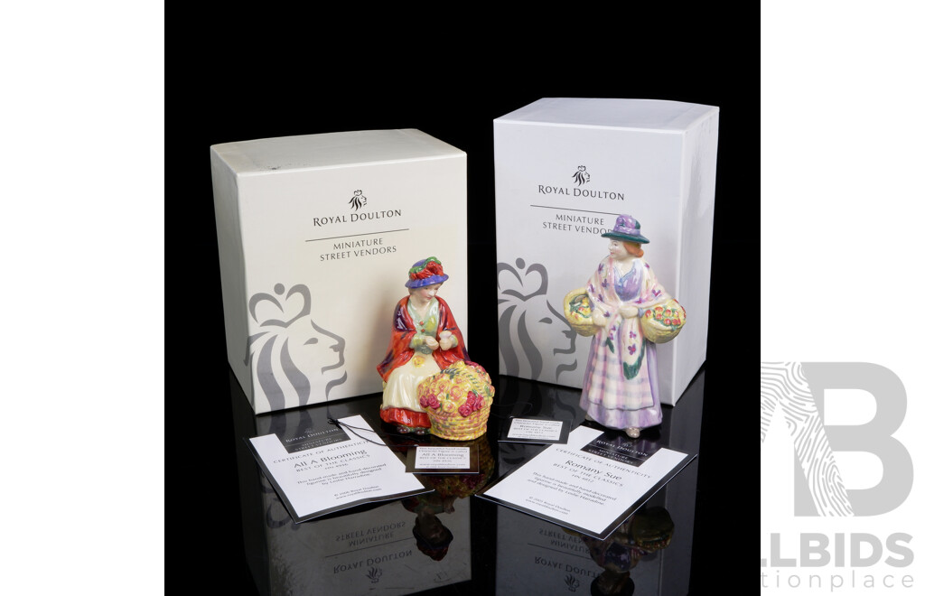 Two Royal Doulton Miniature Street Vendors Series Porcelain Figures in Original Boxes Comprising Romany Sue & All a Bloomin