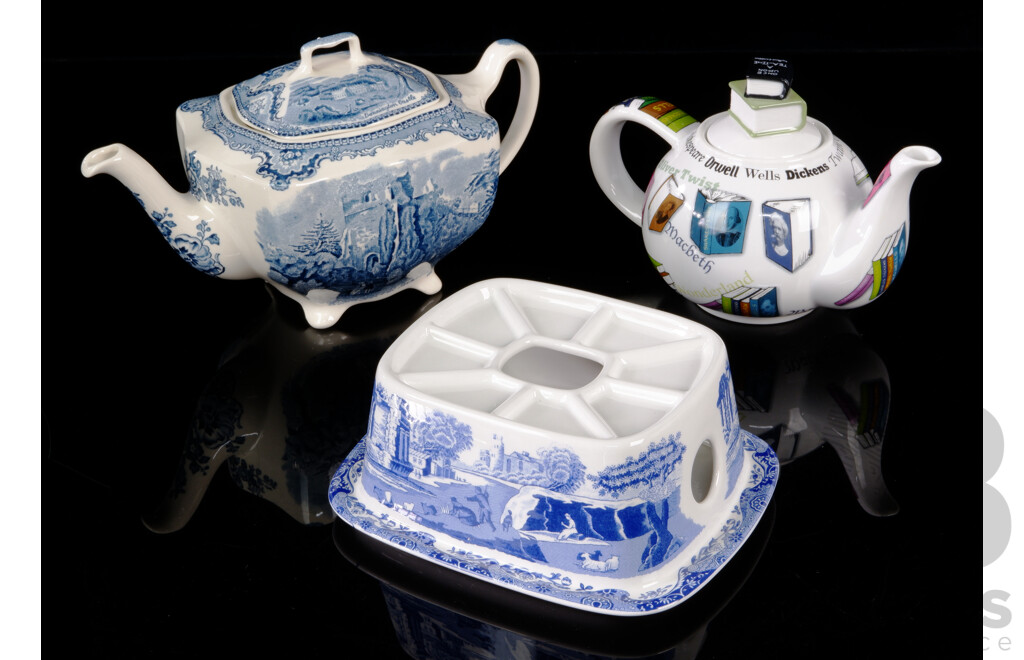 Johnson Brothers Porcelain Blue and White Teapot, Spode Blue and White Teapot Warmer & Novelty English Literature Teapot, All in Original Boxes