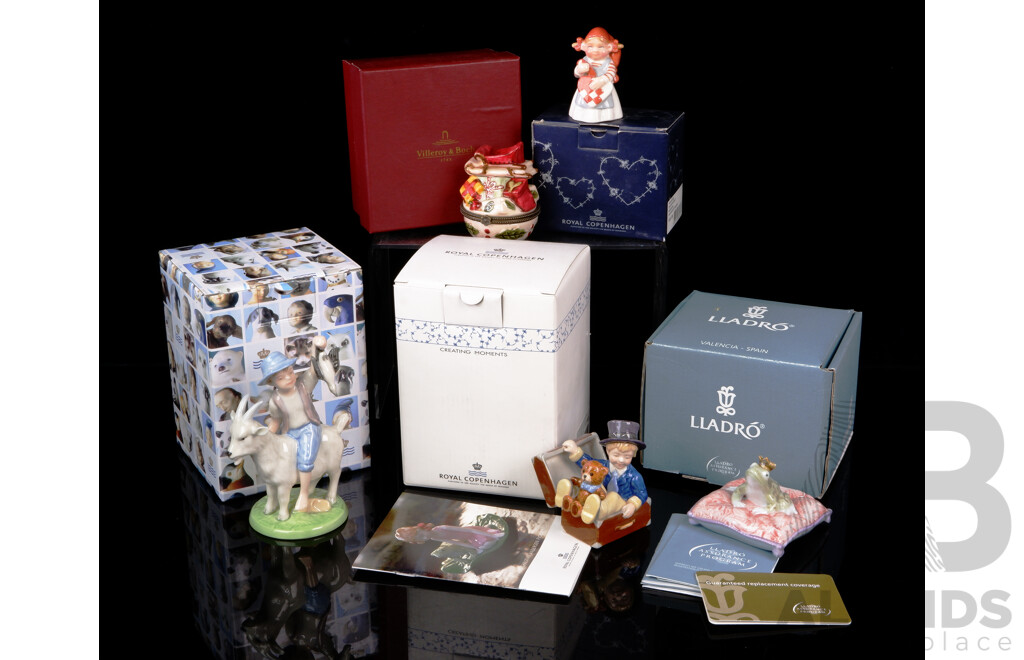 Three Royal Copenhagen Porcelain Figures, Lladro Enchanted Prince Porcelain Figure & Villeroy & Boch Christmas Themed Trinket Box, All in Original Boxes