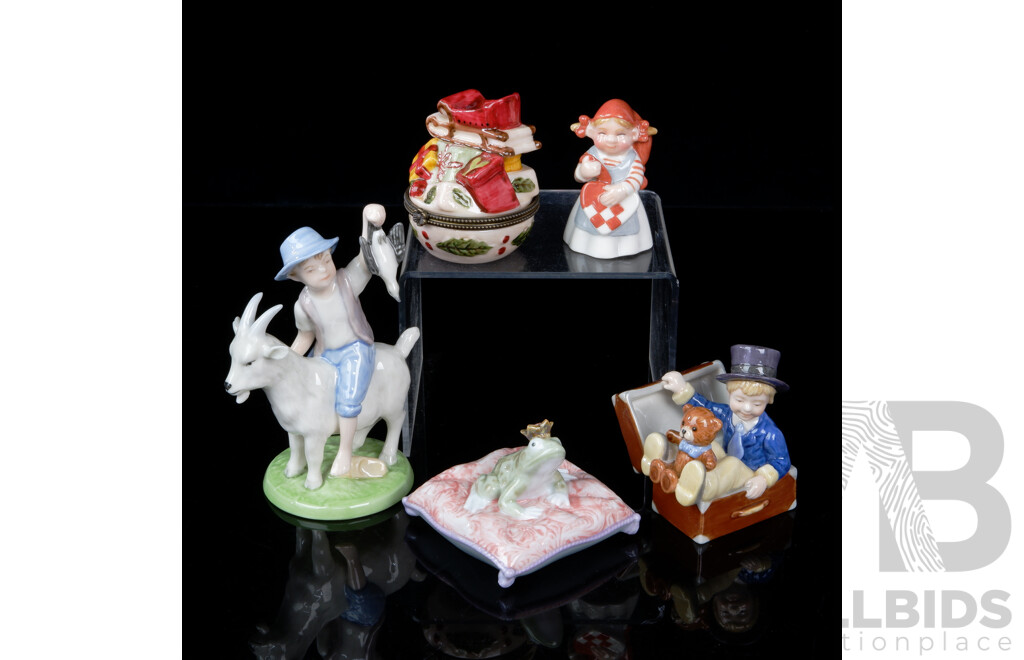 Three Royal Copenhagen Porcelain Figures, Lladro Enchanted Prince Porcelain Figure & Villeroy & Boch Christmas Themed Trinket Box, All in Original Boxes