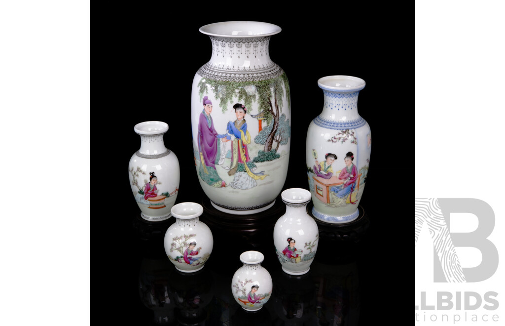 Collection Hand Painted Chinese Fine Porcelain Vases in Different Sizes, Three with Carved Wooden Stands