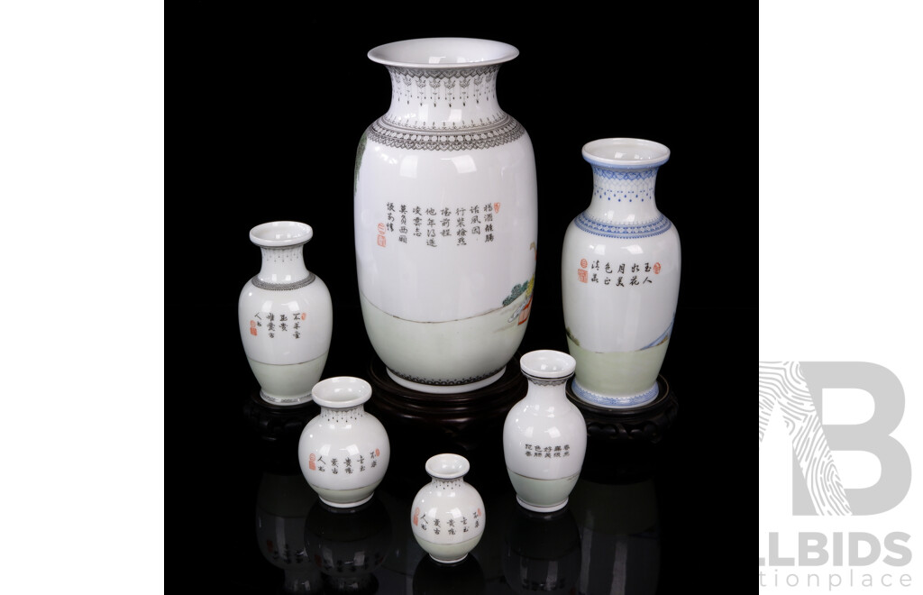 Collection Hand Painted Chinese Fine Porcelain Vases in Different Sizes, Three with Carved Wooden Stands