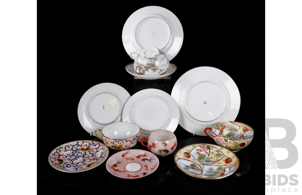 Collection Hand Painted Japanese Fine Porcelain Trios Including Example with Gold Fish Decoration