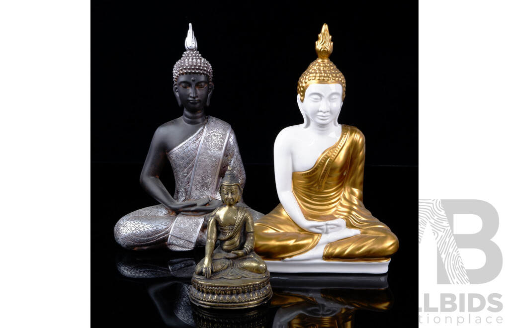 Collection Three Asian Buddha Figures Comprising Ceramic, Brass and Resin Examples