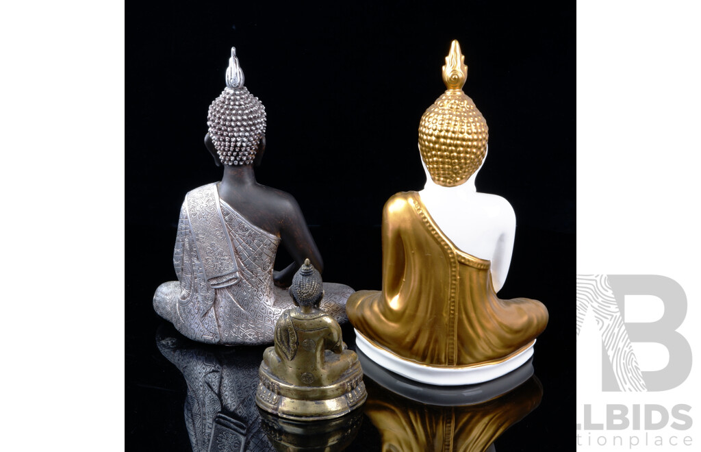 Collection Three Asian Buddha Figures Comprising Ceramic, Brass and Resin Examples