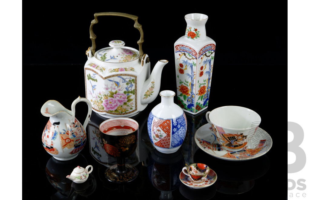 Nice Collection Antique and Vintage Japanese Porcelain Including Teapot, Samurai Themed Duo with Matching Creamer, Imari Miniature Duo and More