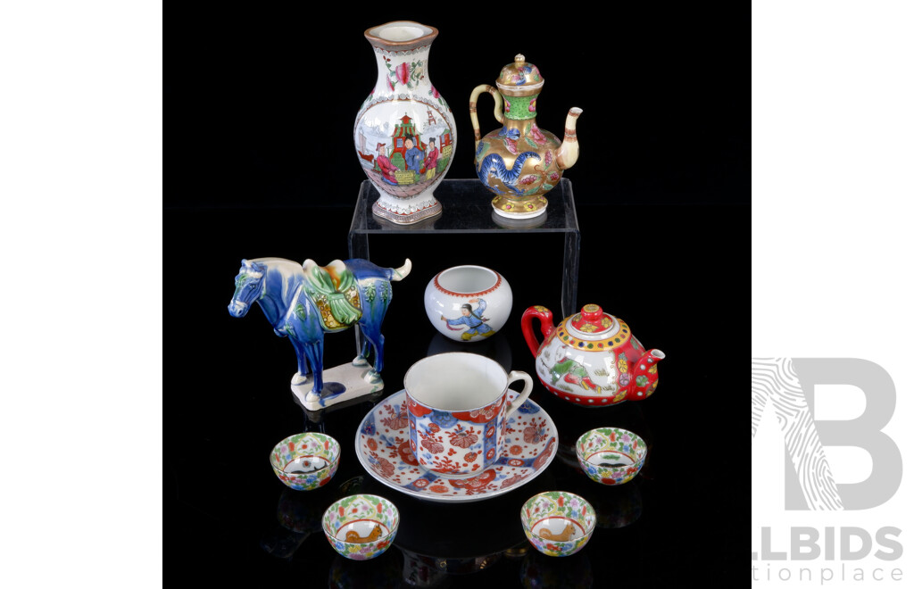 Collection Antique and Vintage Chinese Porcelain Including Sancai Style Glazed Horse Figure, Set Four Hand Painted Diminutive Tea Cups and More