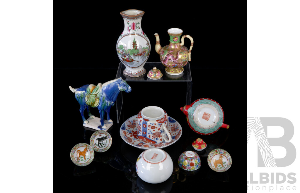 Collection Antique and Vintage Chinese Porcelain Including Sancai Style Glazed Horse Figure, Set Four Hand Painted Diminutive Tea Cups and More