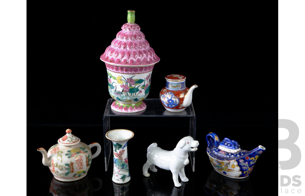 Collection Antique  and Vintage Chinese Porcelain Including  Lotus Form Lidded Tea Mug, Dog Figurine and More