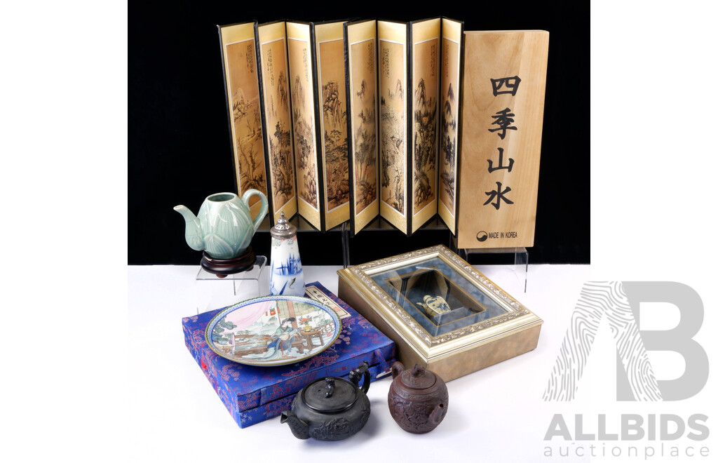 Collection Asian Items Including Japanese Iron Teapot, Chinese Yixing Teapot, Japanese Porcelain Sugar Castor with Silver Plate Top and More