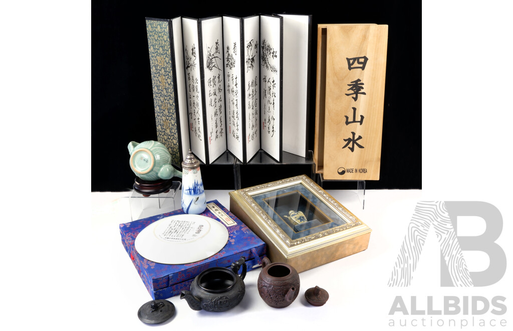 Collection Asian Items Including Japanese Iron Teapot, Chinese Yixing Teapot, Japanese Porcelain Sugar Castor with Silver Plate Top and More