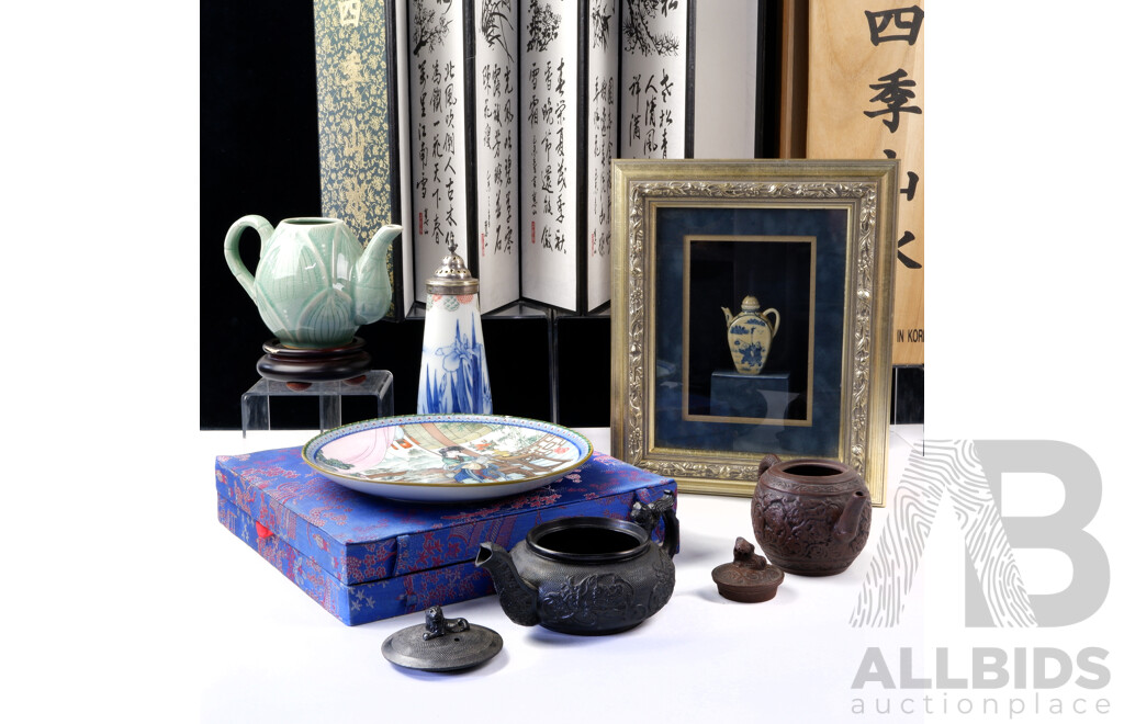 Collection Asian Items Including Japanese Iron Teapot, Chinese Yixing Teapot, Japanese Porcelain Sugar Castor with Silver Plate Top and More