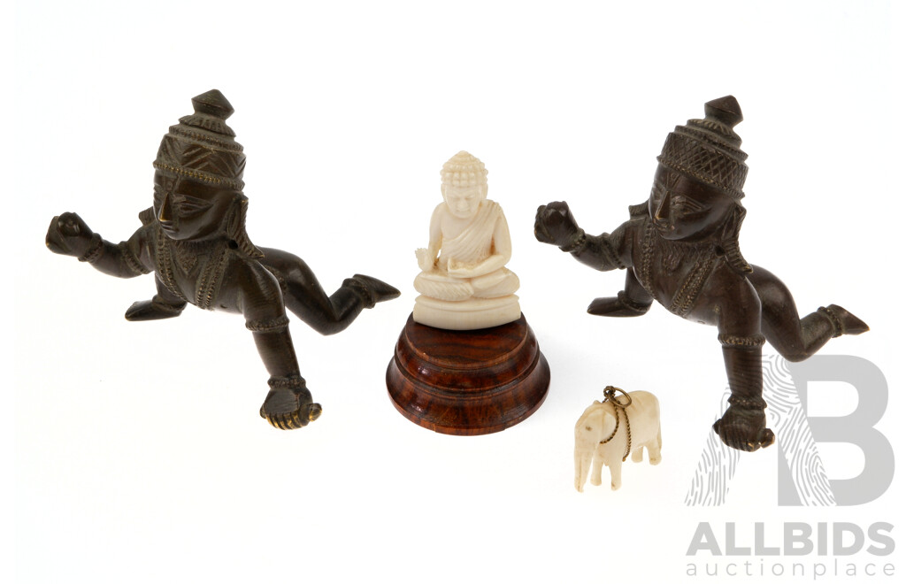 Pair Vintage Bronze Krishna Child Figures Along with Carved Ivory Buddha on Wooden Stand and Ivory Elephant Pendant