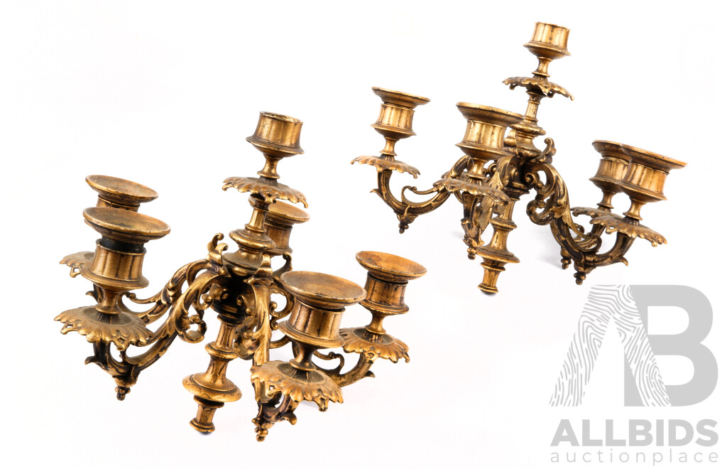 Pair Vintage Gilt Brass Five Branch Candelabras