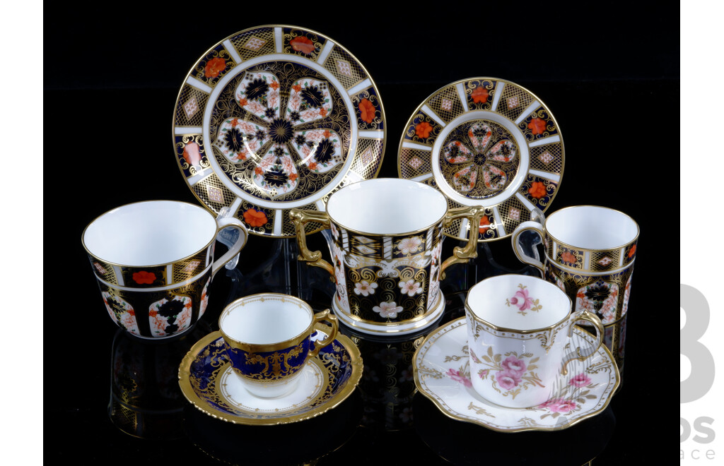 Collection Royal Crown Derby Porcelain Pieces Including Four Pieces Imari Style, Royal Pinxton Roses Duo and More