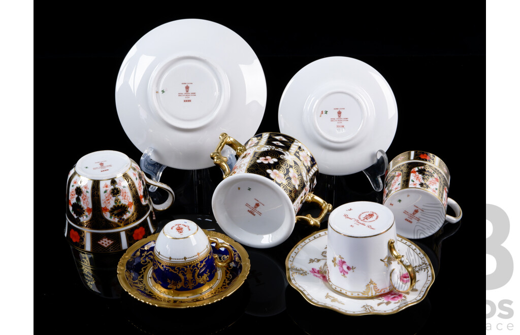 Collection Royal Crown Derby Porcelain Pieces Including Four Pieces Imari Style, Royal Pinxton Roses Duo and More