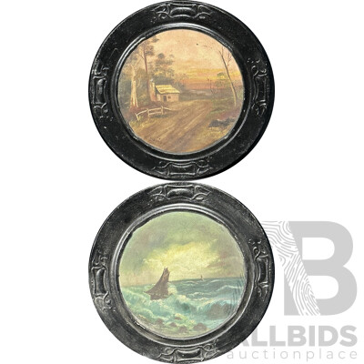K. Davies (19th Century, Australian), Two Australian Landscape Scenes, Oil on Metal in Pressed Metal Frames (2)