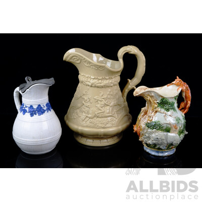 Collection Three Antique English Stoneware & Porcelain Jugs Including Brown Tam O Shanter 1835 W Ridgway Example, Porcelain Example with Fox Themed Handle and  More