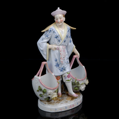 Vintage Hand Painted Porcelain Chinaman Figure with Yoke and Twin Baskets