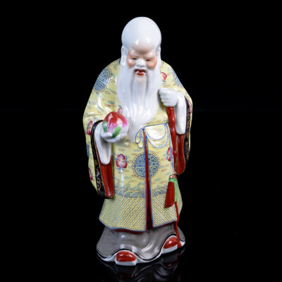 Vintage Chinese Porcelain Hand Painted Shou Lao Statue with Peach of Immortality