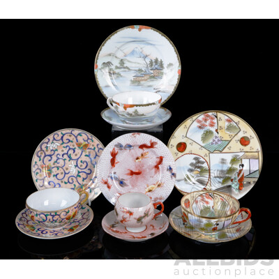 Collection Hand Painted Japanese Fine Porcelain Trios Including Example with Gold Fish Decoration