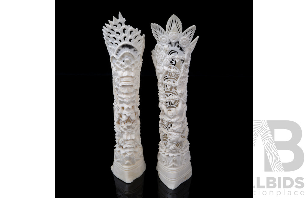 Two Intricate Hand Carved Balinese Bone Sculptures