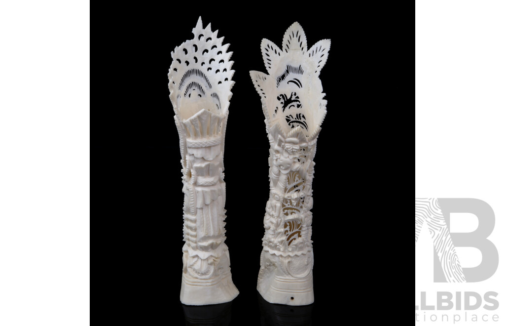 Two Intricate Hand Carved Balinese Bone Sculptures