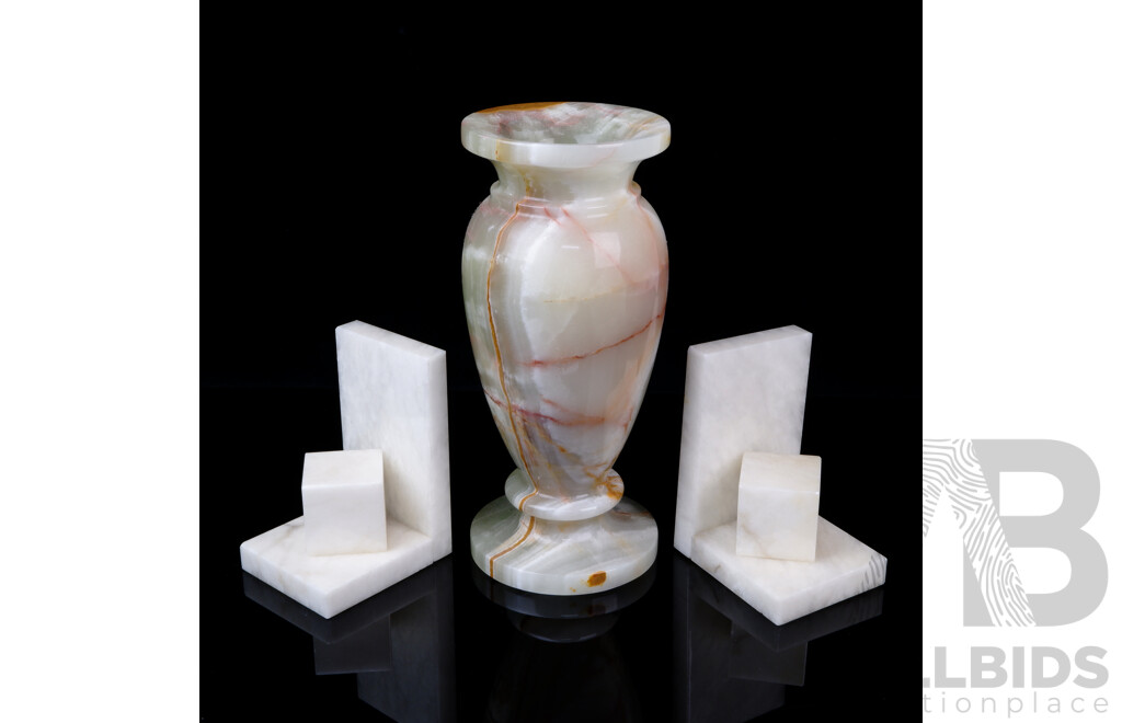 Large Onyx Vase Along with Pair Marble Bookends