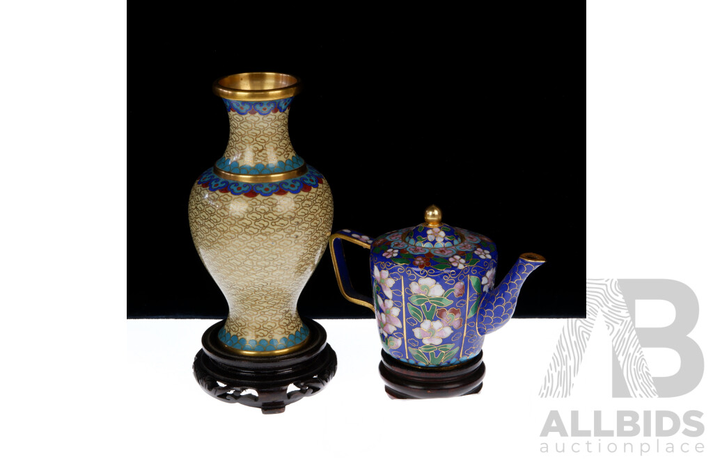 Two Chinese Cloisonne Items on Wooden Stands