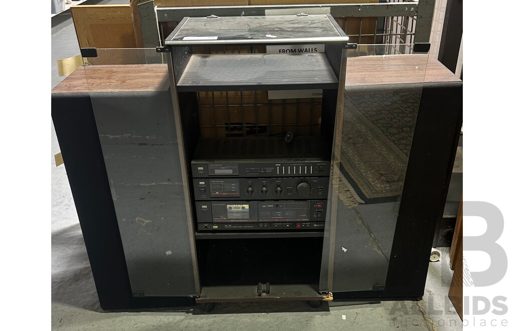 Vintage Sansui Amplifier, Cassette Deck and Synthesizer in Cabinet with Speakers