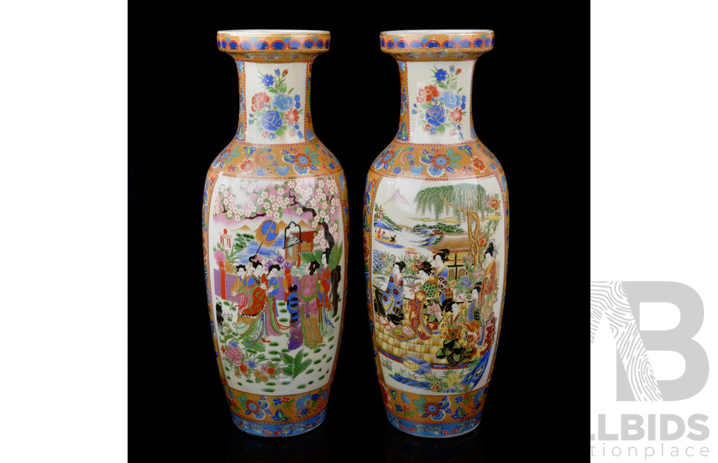 Pair Large Japanese Satsuma Porcelain Gilded Geisha Urns