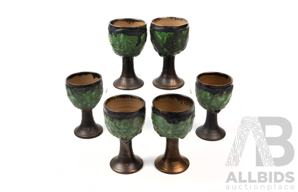 Set Six Vintage Australian Studio Pottery Lave Glazed Goblets by Robert & Margot Beck