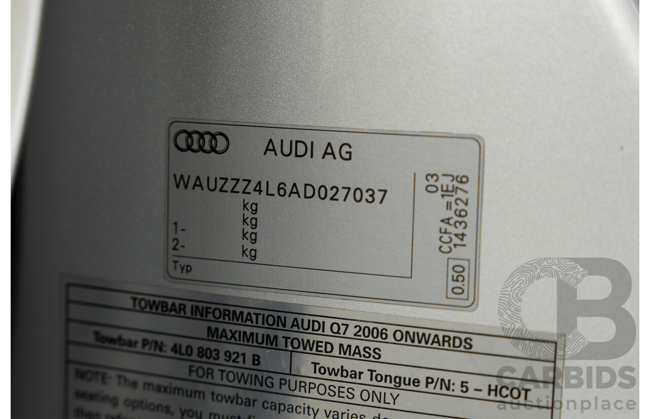 6/2010 Audi Q7 4.2 TDI Quattro (AWD) S-Line Package MY10 Upgrade 4d Wagon Ice Silver Metallic Turbo Diesel V8 4.2L - 7 Seater