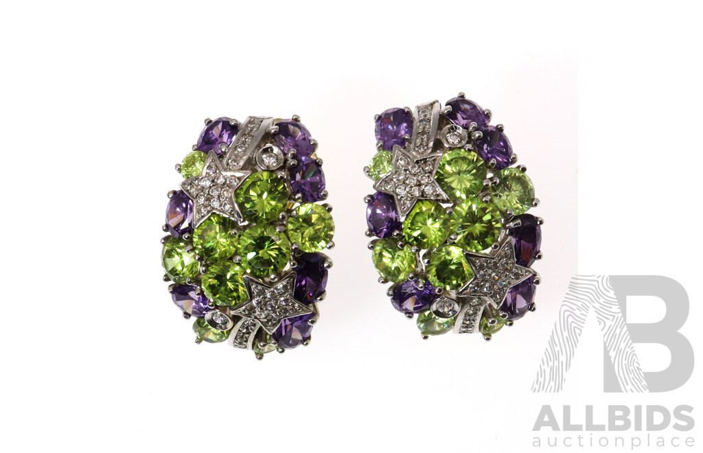 14ct Stunning Diamond, Peridot & Amethyst Cluster Earrings, TDW 0.64ct, 30mm, 15.62 Grams