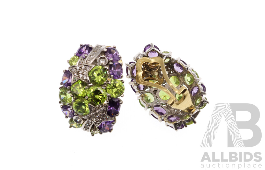 14ct Stunning Diamond, Peridot & Amethyst Cluster Earrings, TDW 0.64ct, 30mm, 15.62 Grams