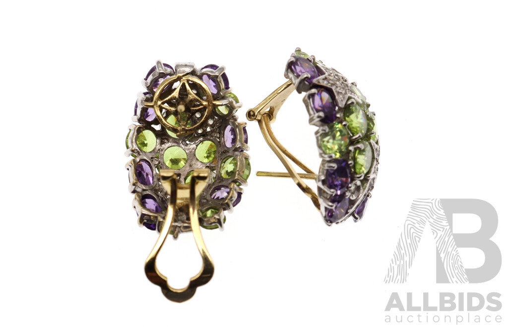 14ct Stunning Diamond, Peridot & Amethyst Cluster Earrings, TDW 0.64ct, 30mm, 15.62 Grams