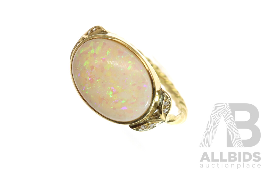 14ct Handmade Australian Solid Crystal Opal Cabochon Ring, 5.30ct, TDW 0.08ct, Size Z, 6.15 Grams