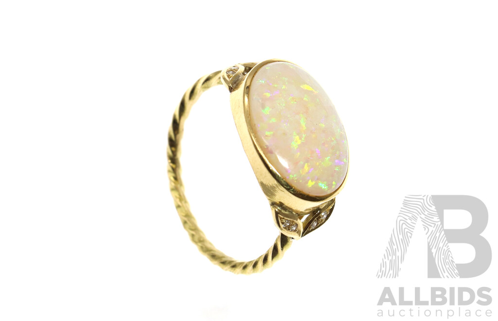 14ct Handmade Australian Solid Crystal Opal Cabochon Ring, 5.30ct, TDW 0.08ct, Size Z, 6.15 Grams