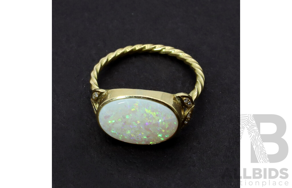 14ct Handmade Australian Solid Crystal Opal Cabochon Ring, 5.30ct, TDW 0.08ct, Size Z, 6.15 Grams