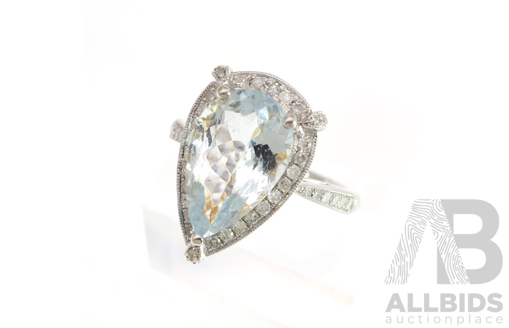 18ct Aquamarine & Diamond Halo Ring, a 4.2ct/TDW 0.41ct, Size N, 6.49 Grams