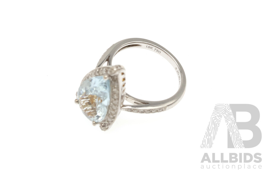 18ct Aquamarine & Diamond Halo Ring, a 4.2ct/TDW 0.41ct, Size N, 6.49 Grams