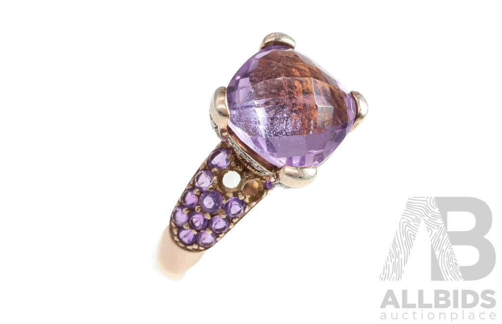 Rose Sterling Silver Rose De France Amethyst & Diamond Ring, TDW 0.25ct/A 7.59ct, Size T, 6.33 Grams