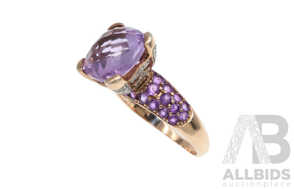 Rose Sterling Silver Rose De France Amethyst & Diamond Ring, TDW 0.25ct/A 7.59ct, Size T, 6.33 Grams