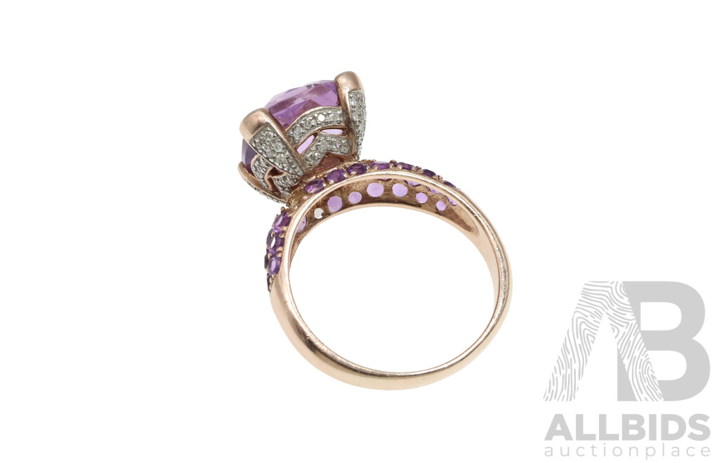 Rose Sterling Silver Rose De France Amethyst & Diamond Ring, TDW 0.25ct/A 7.59ct, Size T, 6.33 Grams