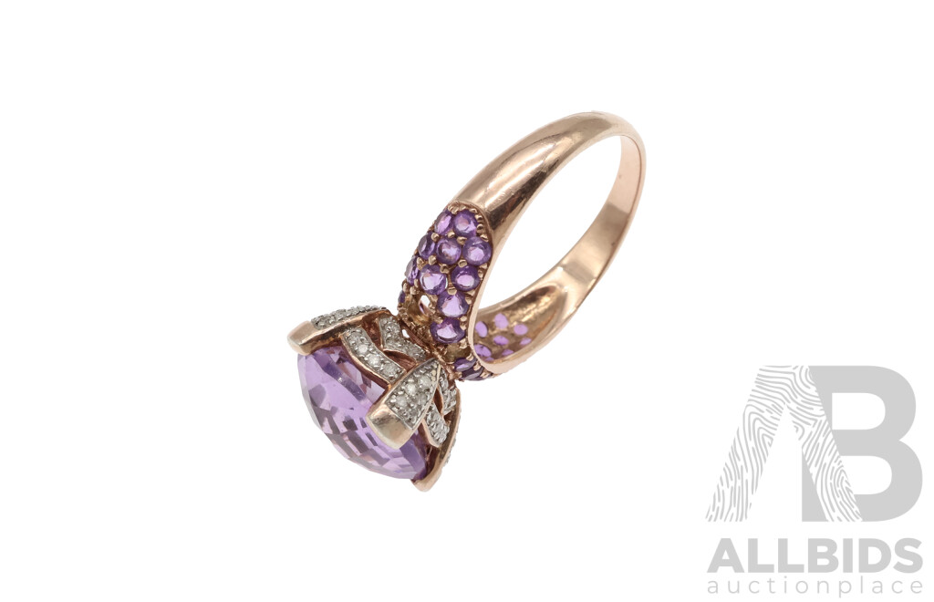 Rose Sterling Silver Rose De France Amethyst & Diamond Ring, TDW 0.25ct/A 7.59ct, Size T, 6.33 Grams