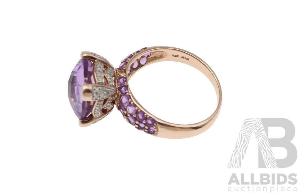 Rose Sterling Silver Rose De France Amethyst & Diamond Ring, TDW 0.25ct/A 7.59ct, Size T, 6.33 Grams