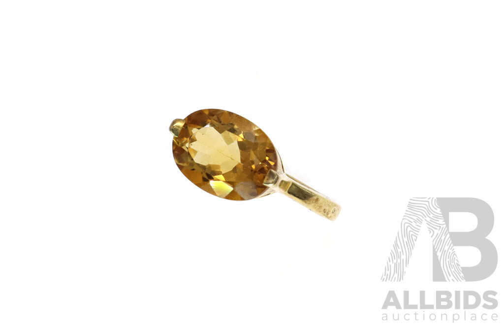 Sterling Silver Gold Tone Citrine Cocktail Ring, Size R, 3.95 Grams