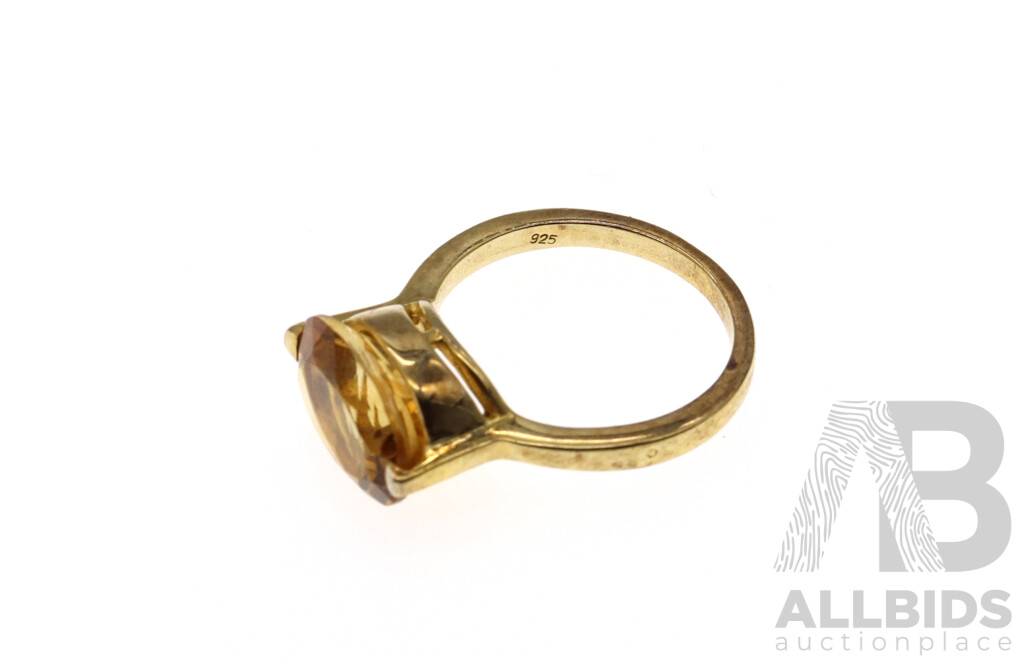 Sterling Silver Gold Tone Citrine Cocktail Ring, Size R, 3.95 Grams