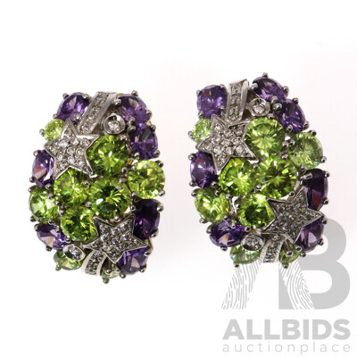 14ct Stunning Diamond, Peridot & Amethyst Cluster Earrings, TDW 0.64ct, 30mm, 15.62 Grams