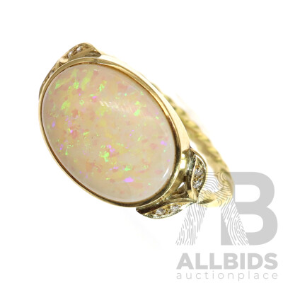 14ct Handmade Australian Solid Crystal Opal Cabochon Ring, 5.30ct, TDW 0.08ct, Size Z, 6.15 Grams